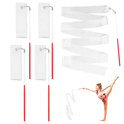 Grevosea Gymnastiek lint toverstokken, 4 stuks dansende lint streamers met 30 cm lint toverstaf wit ritmische gymnastiek lint gymnastiek apparatuur voor kinderen talent shows artistiek dansen (2 meter)