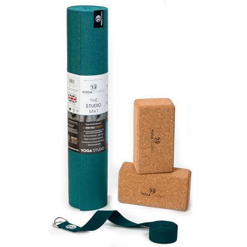 Yoga Studio Oeko-Tex Starter Kurk Yogaset, Yogamat, 2 x Kurk Yoga Blokken en Yoga Band voor Thuis, Gym Yoga Training (Teal)