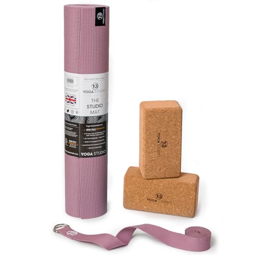 Yoga Studio Oeko-Tex Starter Kurk Yogaset, Yogamat, 2 x Kurk Yogablokken en Yoga Band voor Thuis, Gym Yoga Training (Stoffig Roze)