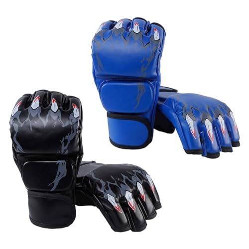 LOVIVER 2 paar MMA-handschoenen, worstel- en sparringhandschoenen voor heren en dames, PU-lederen vechthandschoenen, handschoenen voor zware tassen, Zwart en blauw