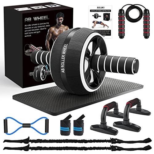 AILUKI Buikroller, buiktrainer, AB-roller, buikspiertrainer AB-wheel set, met fitnessband, springtouw, push-upgrepen, afbeelding 8 fitnessbanden, buikspiertraining, voor mannen en vrouwen