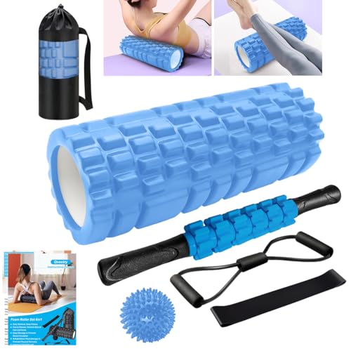 Qveetry Fasciarol, 6-in-1 schuimroller, fasciarollenset met massageroller staaf, weerstandsbanden, krachttraining, massagebal, fitnessbanden, 33 cm schuimrol voor yoga pilates, met poster (blauw)