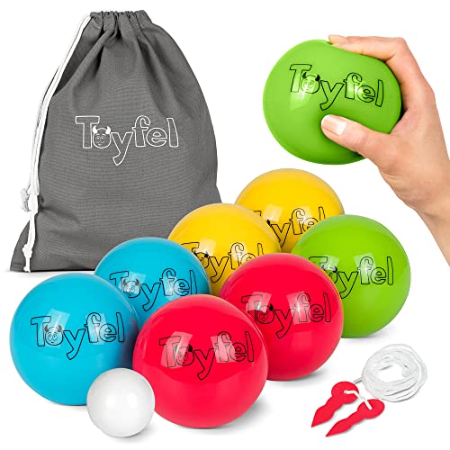 Toyfel Zachte Jeu de Boules Set Leo Outdoor & Indoor – Boccia Tuinspel voor Vloeren, Tegel, Tapijt – Pentaque Spel met 8 Boule Ballen, 1 Doelbal, 1 Draagtas & 1 Meetlint voor Kinderen & Volwassenen