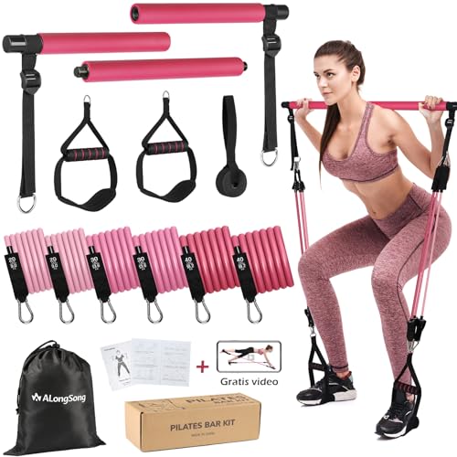 ALongSong Pilates Bar,  Pilates Stick met 6 weerstandsbanden, stalen Pilates Stick voor volledige lichaamstraining, fitnessapparatuur voor thuis voor mannen en vrouwen