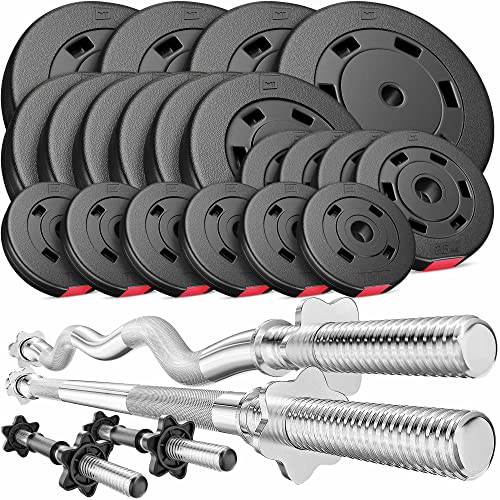 HS HOP-SPORT Hop-Sport Halterset 105 kg Lange Halterstang, Super Curl of Curl Stang, 2x Korte Halters, Gewichten 4x10kg / 6x5kg / 4x2,5kg / 6x1,25kg (105kg Lang Halter, SZ-stang & korte halters)