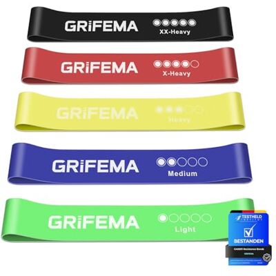 GRIFEMA GA5001 Weerstandsbanden/Fitnessband, 5 Verschillende Weerstandsniveaus Geschikt voor Yoga, Krachttraining en Pilates, Wordt Geleverd met Trainingsgids en Opbergtas GRIFEMA GA5001 Weerstandsbanden/Fitnessband, 5 Verschillende Weerstandsniveaus Geschikt voor Yoga, Krachttraining en Pilates, Wordt Geleverd met Trainingsgids en Opbergtas