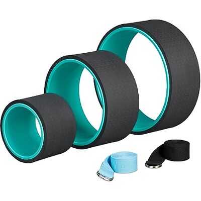 Relaxdays yogawiel, set van 3, Ø: 33, 26,5, 17 cm, met 2 yogariemen, voor strekoefeningen, kunststof, turquoise/zwart Relaxdays yogawiel, set van 3, Ø: 33, 26,5, 17 cm, met 2 yogariemen, voor strekoefeningen, kunststof, turquoise/zwart