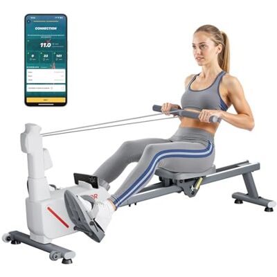 VEVOR Stil magnetisch roeitoestel, 16 instelbare weerstandsniveaus, met dubbele schuifrails en lcd-display, bluetooth-app, 1450 x 480 x 585 mm, wit VEVOR Stil magnetisch roeitoestel, 16 instelbare weerstandsniveaus, met dubbele schuifrails en lcd-display, bluetooth-app, 1450 x 480 x 585 mm, wit