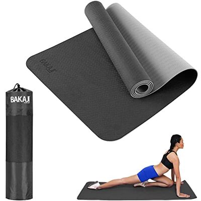 BAKAJI Yogamat van TPE, milieuvriendelijk, dubbellaags, antislip, hoge dichtheid, mat voor training, fitness, aerobic, fitnessstudio, gymnastiek, afmetingen 180 x 61 cm, met opbergtas (zwart/grijs) BAKAJI Yogamat van TPE, milieuvriendelijk, dubbellaags, antislip, hoge dichtheid, mat voor training, fitness, aerobic, fitnessstudio, gymnastiek, afmetingen 180 x 61 cm, met opbergtas (zwart/grijs)