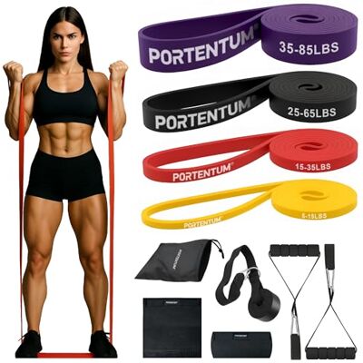 PORTENTUM Elastische spierrubbers, set van 10 weerstandsbanden, 4 intensiteitsniveaus, handgrepen, deuranker, afdekkingen en tas, fitnessstudio thuis voor mannen en vrouwen, krachttraining, crossfit PORTENTUM Elastische spierrubbers, set van 10 weerstandsbanden, 4 intensiteitsniveaus, handgrepen, deuranker, afdekkingen en tas, fitnessstudio thuis voor mannen en vrouwen, krachttraining, crossfit