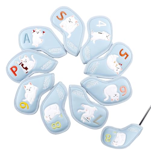 Aibyks Hoofddeksels voor golfclubs 9 stuks ijzeren hoezen voor golfclubs met verwisselbare tags,Cat Golf Club Covers voor ijzers, Golf Headcovers Set voor dames heren golfliefhebbers