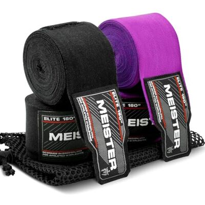 Meister Elite 180" Premium Adult Hand Wraps voor MMA & Boksen 2 paar Pack w/Mesh Bag Zwart/Royal Paars Meister Elite 180" Premium Adult Hand Wraps voor MMA & Boksen 2 paar Pack w/Mesh Bag Zwart/Royal Paars
