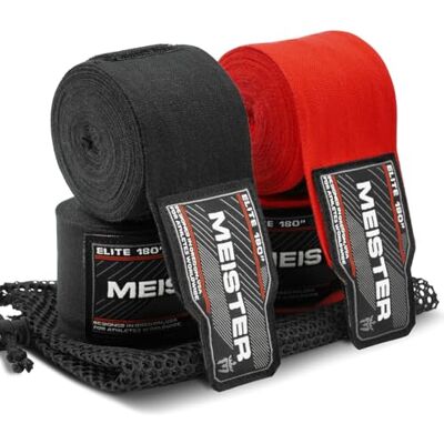Meister Elite 180" Premium Adult Hand Wraps voor MMA & Boksen 2 paar Pack w/Mesh Bag Zwart/Bloed Rood Meister Elite 180" Premium Adult Hand Wraps voor MMA & Boksen 2 paar Pack w/Mesh Bag Zwart/Bloed Rood
