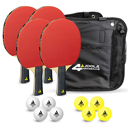 JOOLA Quattro Tafeltennisset, 4 tafeltennisbatjes + 10 tafeltennisballen + tas, 28,5 x 26 x 8,5 cm