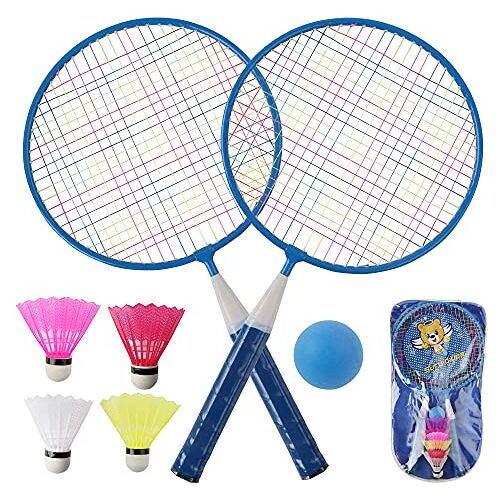 QKTYB Badmintonset voor kinderen, 1 paar badmintonracketset, lichtgewicht badmintonracket voor kinderen met 2 badmintonrackets, 4 shuttles, 1 sponsbal voor binnen en buiten, sport, spel met draagtas