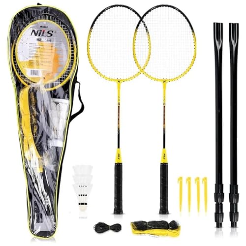 Nils Extreme Badminton Set 2 Badminton Rackets, 3 Shuttlecocks 1 Badminton Bag and Badminton Net Unisex Badminton Set for Children, Teenagers and Adults Black and Yellow