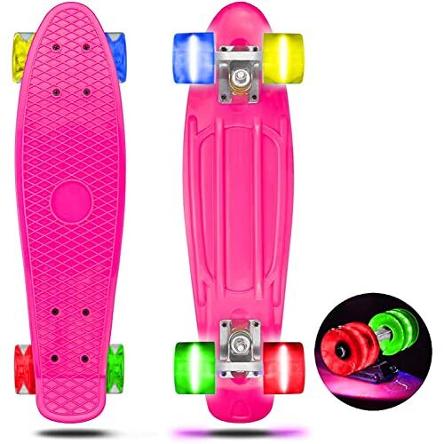 Skevic Skateboard 55 cm / 22 inch voor beginners volwassenen en kinderen, Mini Cruiser Retro Skateboard met all-in-one Skate T-tool, skateboard met 4 LED PU wielen (roze)