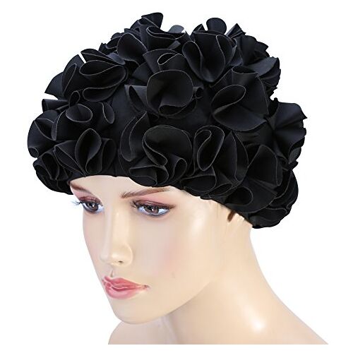 Tbest Bloem Zwemmen Lang Haar Zwemmen Vrouwen Volwassen Kinderen Retro Bloemen Bloemblaadje Zwemmen Hoeden Mode Elastisch Lang Haar Zwemmen Baden (Zwart)