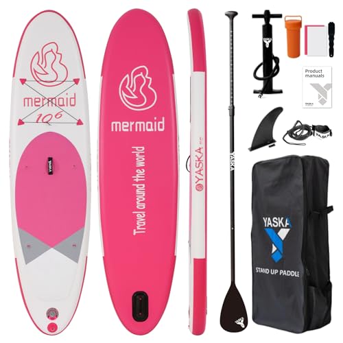 YASKA Opblaasbaar Stand Up Paddling Board SUP Paddle Boards Set, Korrel van hout, 320 × 81 × 15 cm, draagvermogen 150 kg, incl. rugzak, peddel, pomp, riem, waterdichte rugzak, (lichtroze)