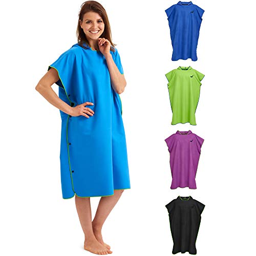 Fit-Flip Zwemponcho voor dames & heren, compact en zeer licht, surf poncho, omkleed handdoek, handdoek poncho uit microvezel evenals een omkleed handdoek op het strand (Maat L-Blauw/Groen)