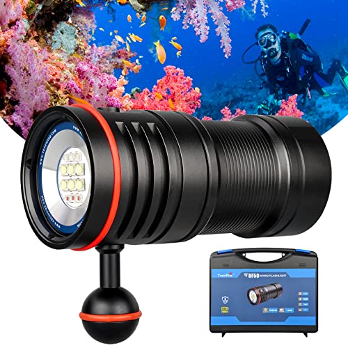TrustFire DF50 KIT Dompellamp, onderwater-duiklamp, 6500 lumen, professionele onderwaterzaklamp met accuverpakking, 70 m waterdicht, duiklamp met 4 lichtmodi voor fotografie