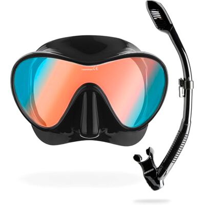 CRESSI Lenses Black Combo-set voor volwassenen, frameloos F1-masker + snorkel-droog voor duiken en snorkelen, zwart ultravision blue lens, eenheidsmaat CRESSI Lenses Black Combo-set voor volwassenen, frameloos F1-masker + snorkel-droog voor duiken en snorkelen, zwart ultravision blue lens, eenheidsmaat