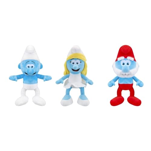 GRUPO MOYA Verpakking met 3 figuren van pluche, Smurf, 22 cm: Smurf, paus Smurf en Smurf, gevuld en buitenkant van 100% gerecycled materiaal, geschikt voor alle leeftijden