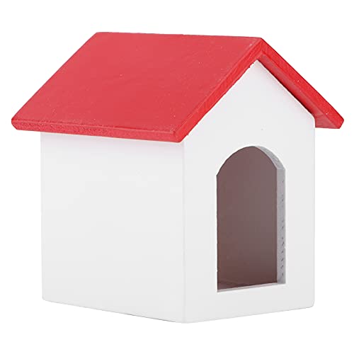 01 Houten poppenhuiskennel, poppenhuiskennel Niet-toxisch Veilig voor poppenhuisliefhebbers voor poppenhuis(Klein huis met rood dak en witte muren)