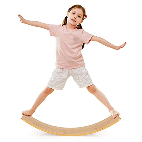COSTWAY Houten wobble balance board, 90,5 cm wiebelbord, bamboe balanceerplank met gepolijste rand, 1,5 cm dik natuurlijk wiebelbord, balanceerboard leerbalans voor kinderen