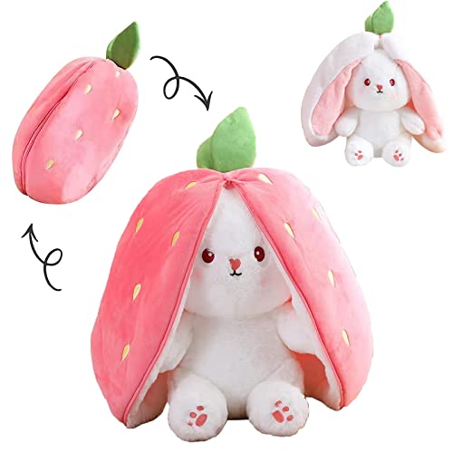 FANOLO Cute Hidden Bunny Plush, Hidden Bunny Stuffed Animals, Strawberry Bunny Plush Pillow, Reversible Carrot Strawberry Bunny Plush Doll with Zipper (7IN,Pink)