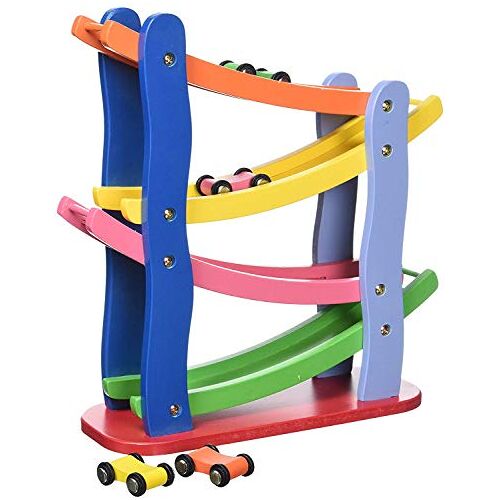 Fun World Toys Houten Click Clack Racetrack met 4 racewagens (Click Clark Trace Race)