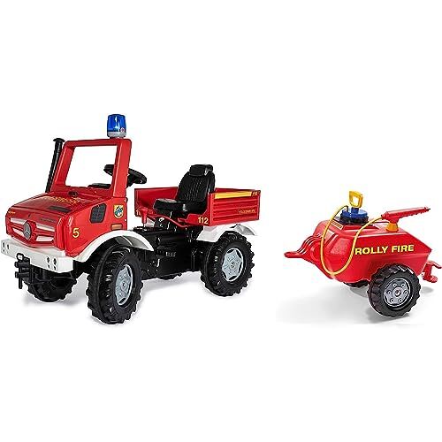 ROLLY TOYS Unimog 038275 Brandweerauto met aanhanger vanaf 3 jaar, om zelf te rijden met fluisterloopbanden, schakeling, handrem, pedaalvoertuig, trapauto vanaf 3 jaar, brandweer Unimog