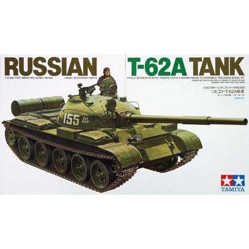 TAMIYA 35108 1:35 Rus. T-62A gevechtstank (1), modelbouwset, plastic bouwpakket, bouwpakket voor montage, gedetailleerde replica, groen