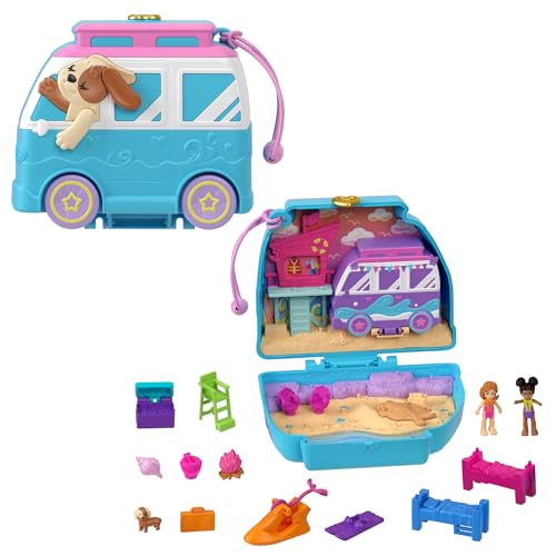 Polly Pocket poppen en speelset, Reisspeelgoed met fidget buitenkant, Puppyritje aan de kust compacte speelset met 12 accessoires, HRD36