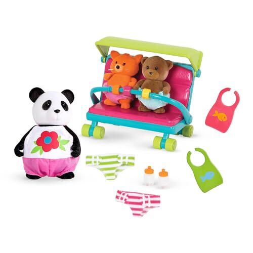 Li'l Woodzeez WZ6538Z 13-delige panda-babysitterfiguur en accessoireset, zachte dierfiguren, babyfiguren, slabbetjes en meer, speelgoed voor kinderen vanaf 3 jaar, multi