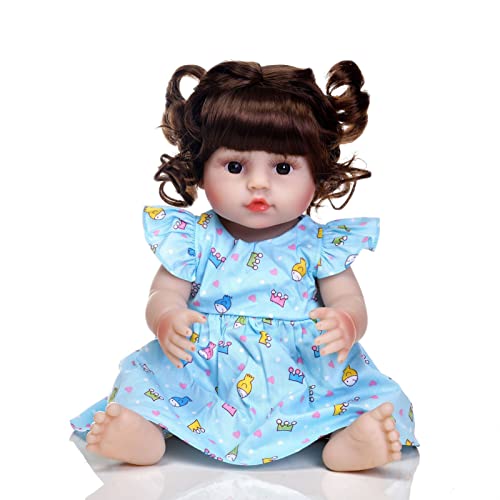 FFFHYIZH Baby Doll 46 cm meisje krullend bruin kind wedergeboorte echte verzwaarde vinyl pop meisje zacht meisje wedergeboorte verjaardagscadeau speelgoed