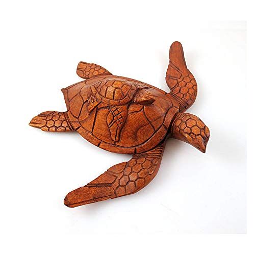 Artisanal Figuur schildpad en haar baby, sculptuur op hout