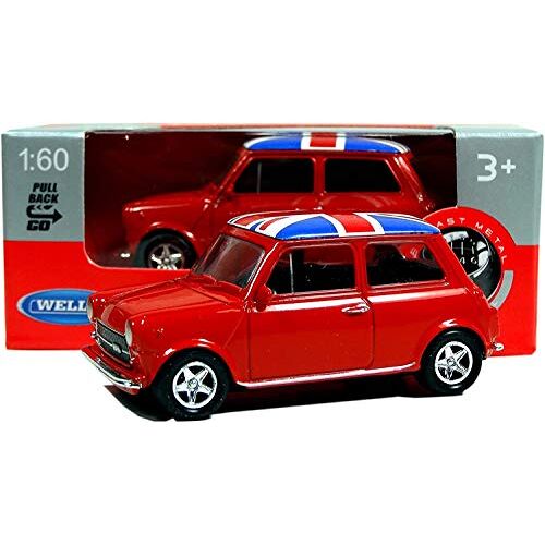 Welly Mini Cooper Mini Model (rood) met Union Jack Top gemaakt van gegoten metaal en kunststof onderdelen, Pull Back & Go Action Toy