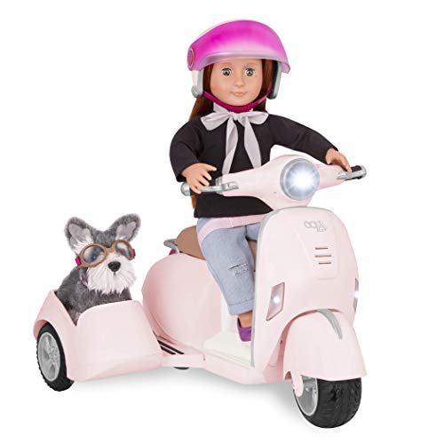 Our Generation Speelset voor voertuigen, helm en zijwagen, 46 cm, poppenaccessoires, rollenspel, speelgoed voor kinderen vanaf 3 jaar, scooter met zijspan