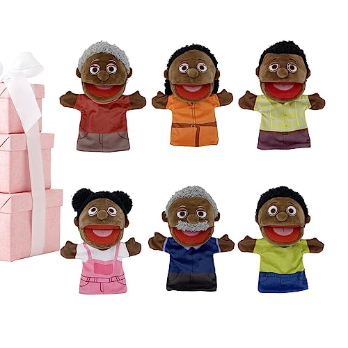 JPSDOWS Familiepoppen voor kinderen   6 stuks multiculturele marionetten voor meisje en jongen   Schoolhuis, familieleden, 28 cm zwarte handpoppen voor meisje en jongen, multiculturele poppen voor