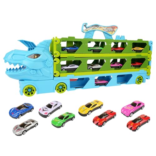 GEDOX Vrachtwagen met baan, autotransporter vrachtwagen, dinosaurusbaan speelgoed, autotransportwagen, Dino racebaan, auto's autotransportspeelgoedset, autotransportwagen cadeau voor 3 4 5+ jongens