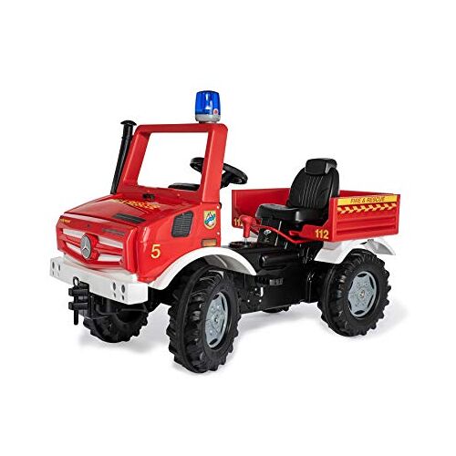 ROLLY TOYS Unimog 038220 Brandweerauto vanaf 3 jaar, brandweerauto om zelf te rijden met fluisterbanden, schakeling, handrem, trapvoertuig, trapauto vanaf 3 jaar, brandweer Unimog