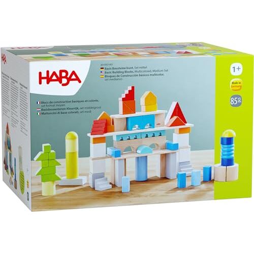 HABA ToyAward Winnaar 2024 Basis bouwstenen, 85 kleurrijke bouwstenen met katoenen tas, Made in Germany, 2024, voor kinderen vanaf 1 jaar, 2010921001