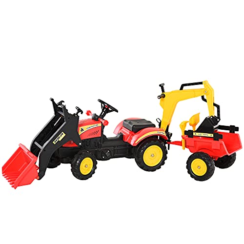 HOMCOM trapauto graafmachine met trappers en voorlader voor 3-6 jaar graafmachine kinderen staal kunststof rood 179 x 42 x 59 cm