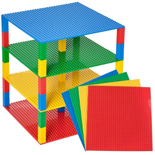 Strictly Briks Brik Tower Klassieke bouwplaten 100% compatibel met alle grote merken bouwstenen voor torens 4 stapelbare bouwplaten & 30 Stackers blauw, groen, rood & geel 25,5 x 25,5 cm (de bouwplaten)