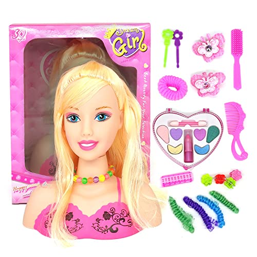 Cricia Styling hoofd pop voor kinderen, make-up doen alsof speelset 17 ppcs haarstyling hoofd speelgoed, prinses poppen make-up hoofd haar styling model make-up en haar accessoires pop voor 3+ meisjes