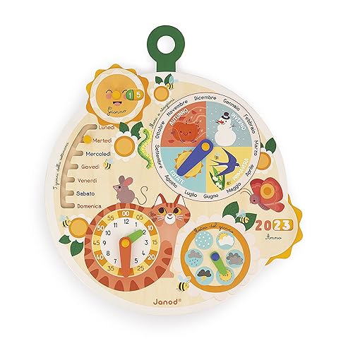 Janod Tijdwiel van FSC-hout Italiaanse versie Educatieve kalender voor kinderen Educatief spel FSC houten speelgoed Vanaf 3 jaar, J09624