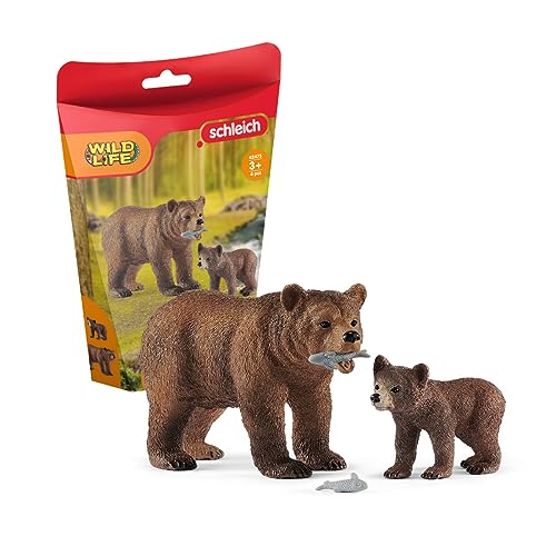 SCHLEICH 42473 Grizzlybeer-moeder met jongen, voor kinderen vanaf 3 jaar, Wild Life speelset