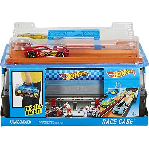 Hot Wheels CFC81 Actie-racestarter koffer trackset, auto dubbele starter box met draaggreep incl. 2 speelgoedauto's en 2 tracks, trackset accessoires, vanaf 6 jaar