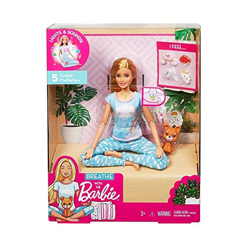 Barbie Adem Met  Meditatiepop, blond, met 5 lichtjes en begeleide meditatieoefeningen, een puppy en 4 emoji-accessoires, cadeau voor kinderen van 3 tot 7 jaar